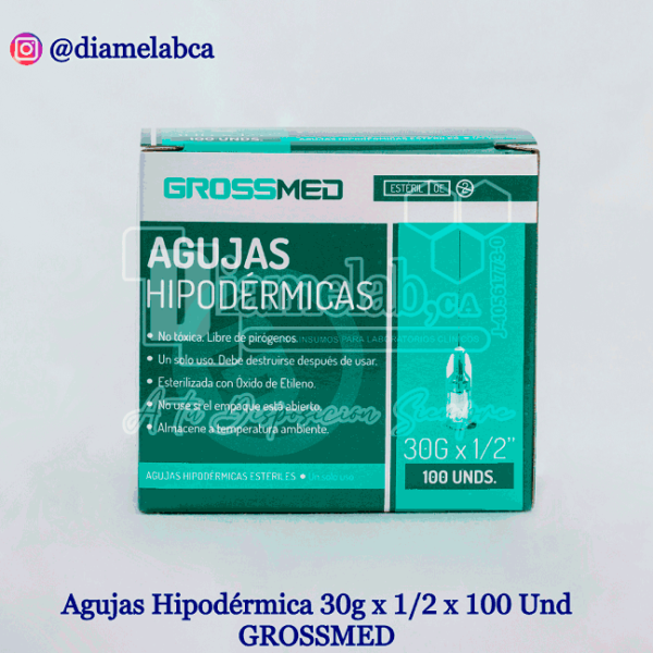 AGUJAS HIPODERMICA 30G x1/2 x100UND GROSSMED